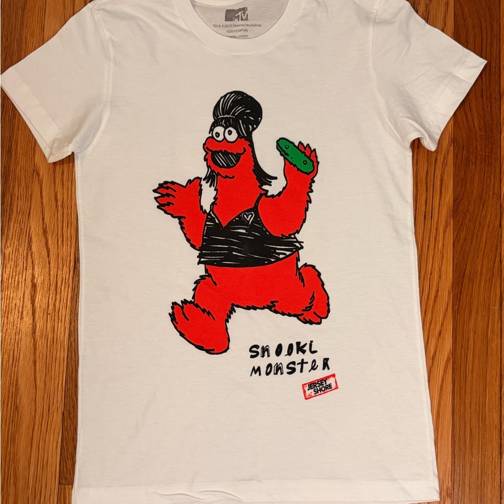 MTV White Tee with Red Snooki Monster Graphic and Green Accent